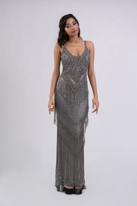 Rochie de seară lungă argintie cu franjuri Stella