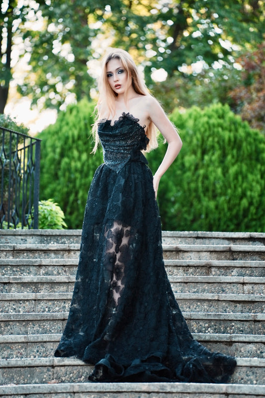 Rochie de seară lungă, neagră, cu corset Midnight Elegance