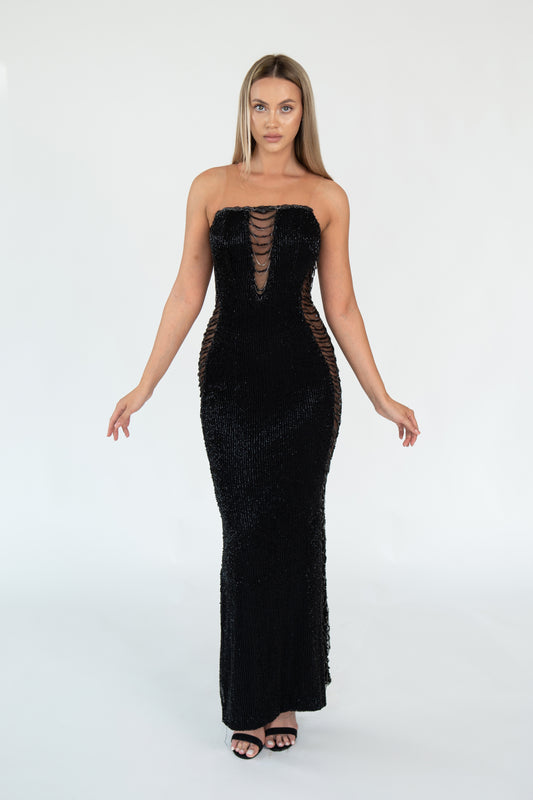 Rochie de seară lungă neagră, fără bretele Maria