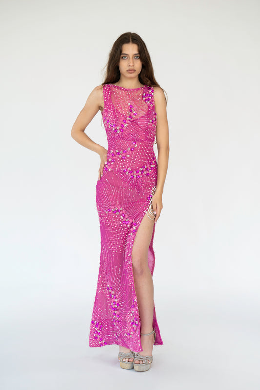 Rochie lungă fucsia cu despicătură pe picior Magenta