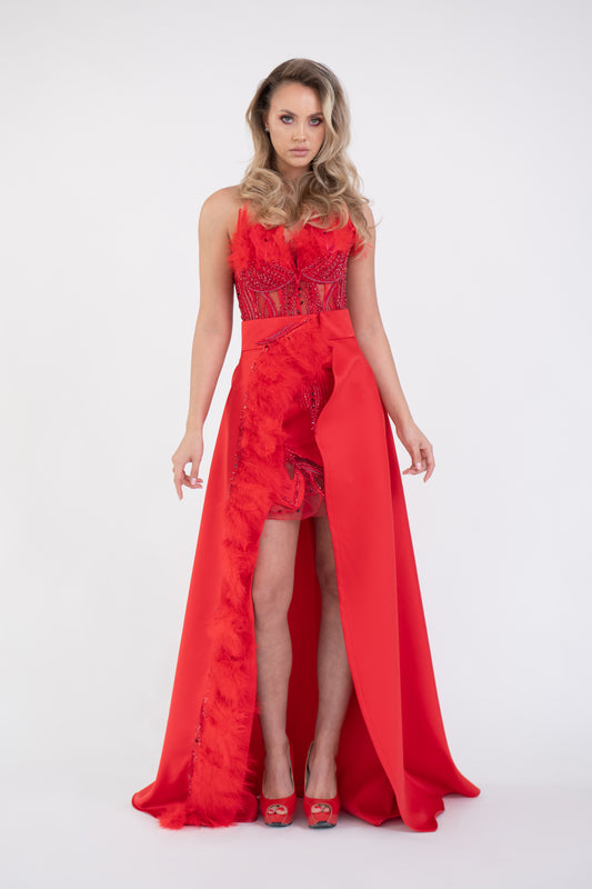 Rochie roșie de gală elegantă cu pene Adda