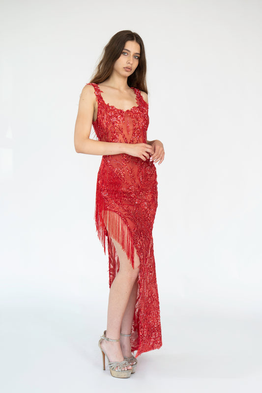 Rochie roșie de seară cu franjuri Iuly