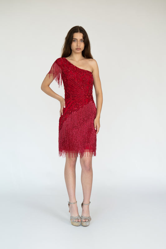 Rochie roșie scurtă, cu un umăr gol, franjuri Red