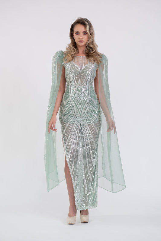 Rochie verde pastel cu paiete și detalii elegante Georgina