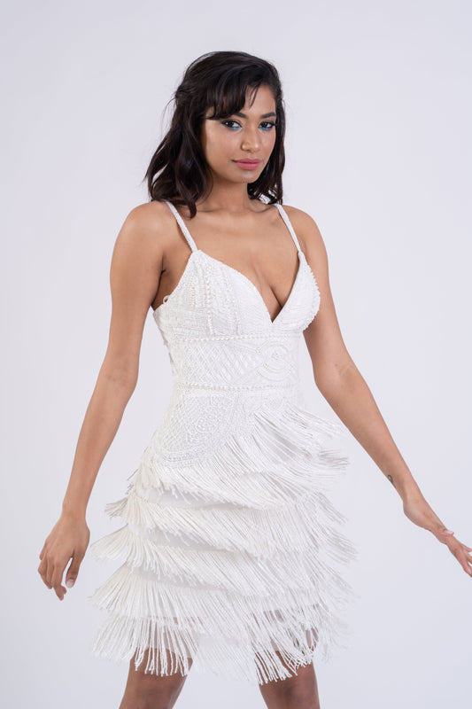 Rochie de seară albă scurtă cu bretele subțiri Nora