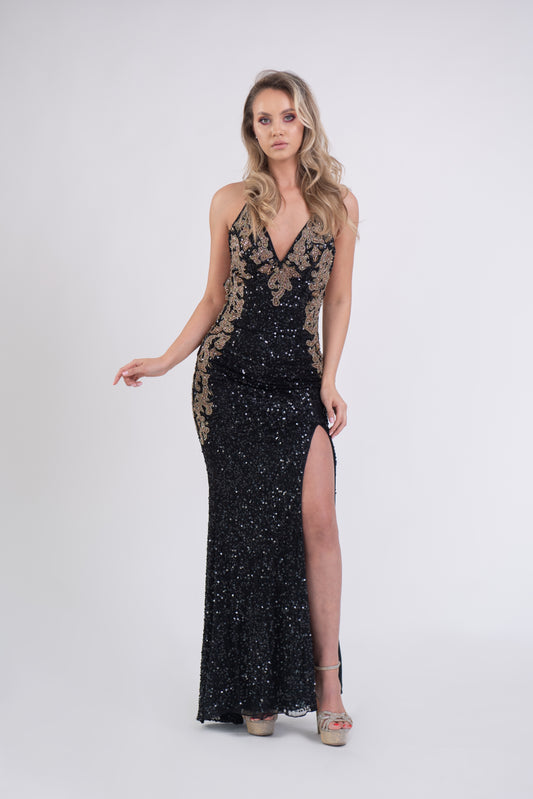 Rochie de seară lungă neagră cu paiete și broderie Layla