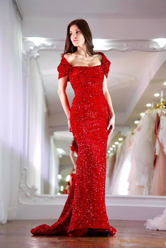 Rochie de seară lungă, roșie, cu paiete Scarlet Radiance