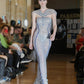 Rochie elegantă lungă argintie cu accente albastre Serena