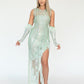 Rochie elegantă verde pastel cu paiete și pene Andreea