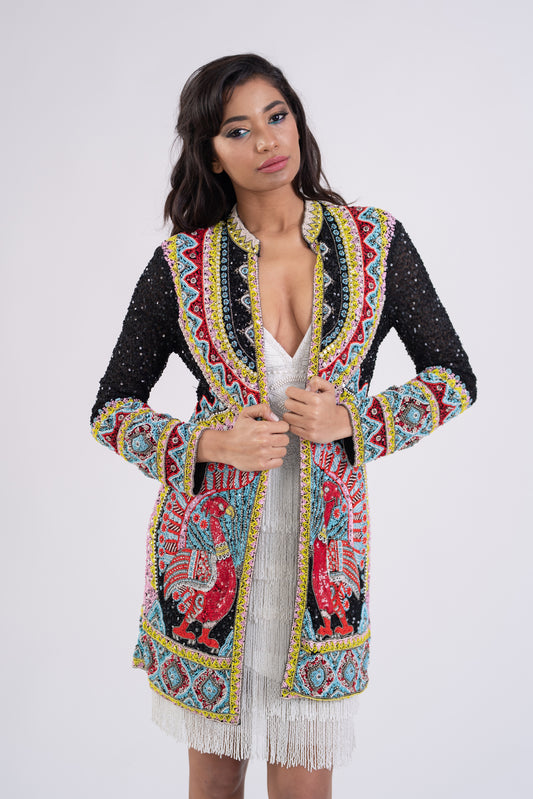 Sacou brodat manual, cu motive etnice și paiete colorate Jasminne